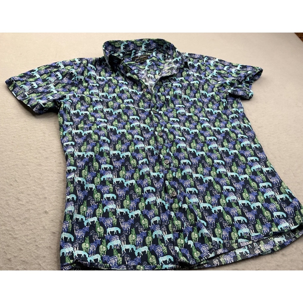 Marc Anthony Zebra Print Shirt Short Sleeve Blue Green Slim Fit Small‎ Luxury